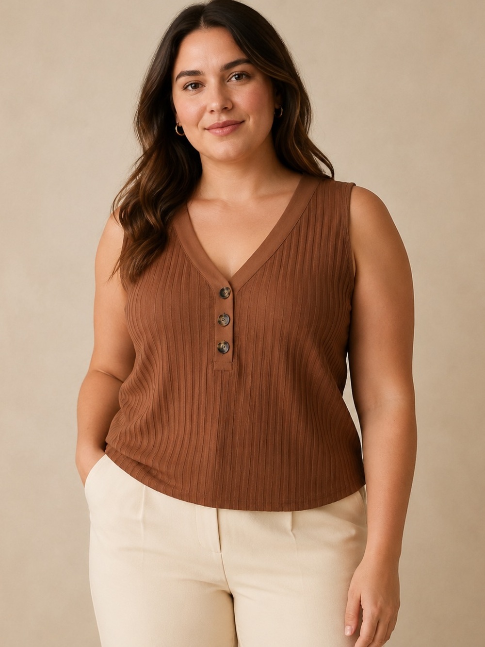 RW&CO Ribbed Button Front Sweater Vest Tank Top Brown Large